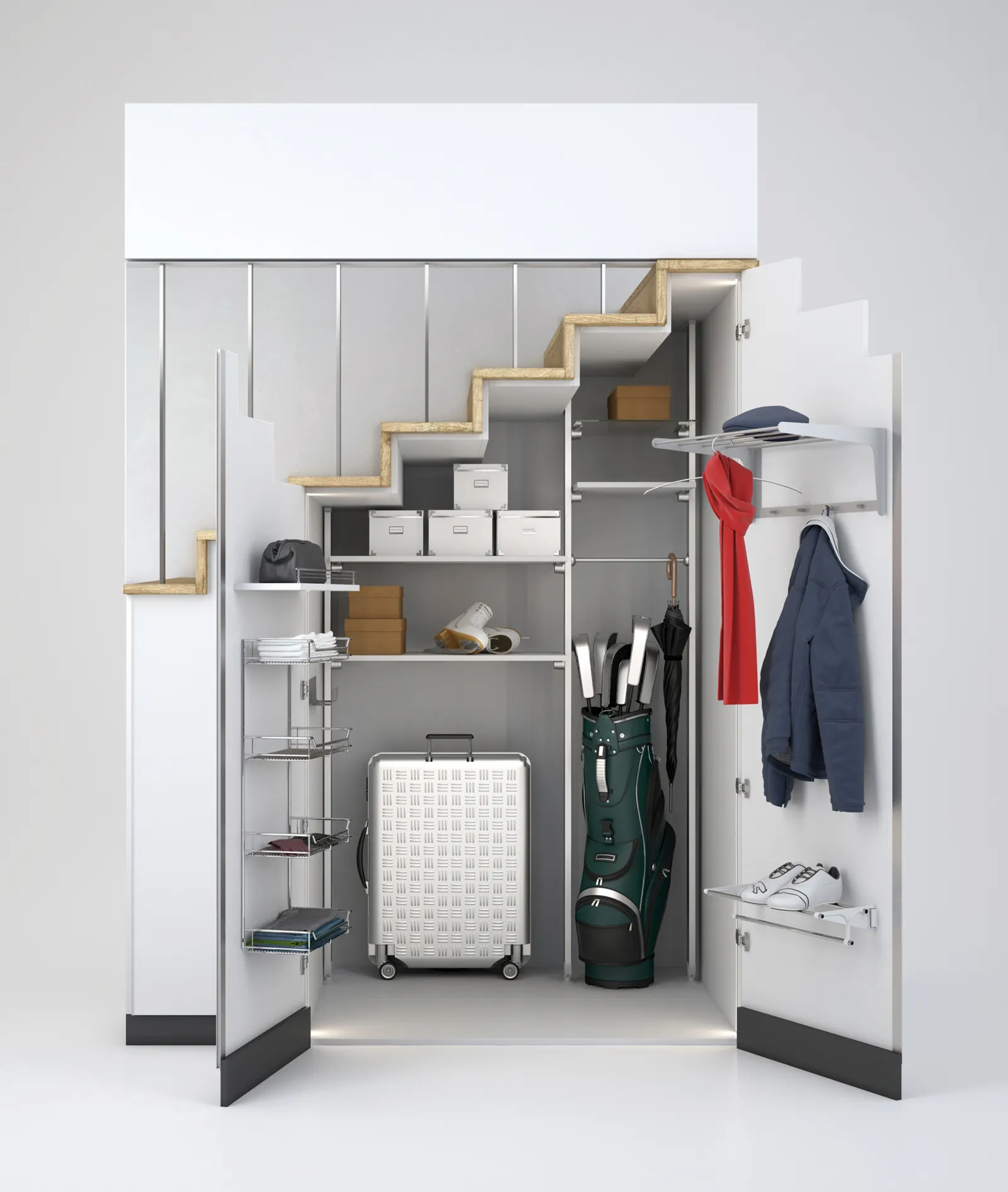 Stauraum und Garderobe unter einer Treppe